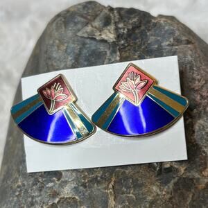 Laurel Burch Vintage 90s Lotus Flower Enamel Cloisonné Fan Earrings